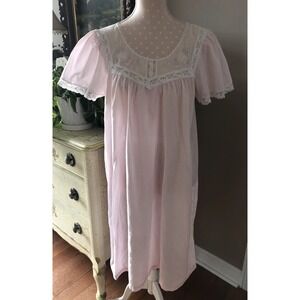 Vtg Nightgown Cottagecore Pink Semi Sheer Embroidery Lace Heiress USA Size Med